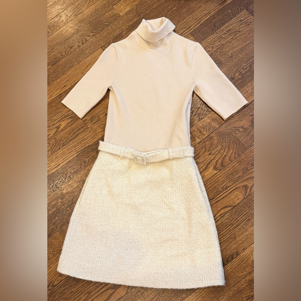 Theory Knit Combo Dress Belle Tweed Ivory Wool Turtleneck Dress Sz P/XS